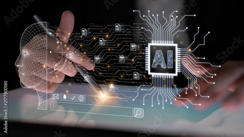 Obraz na plátně Artificial intelligence interface concept showing human centered interaction, smart search, chat and automated assistance for future workflows and data analytics
