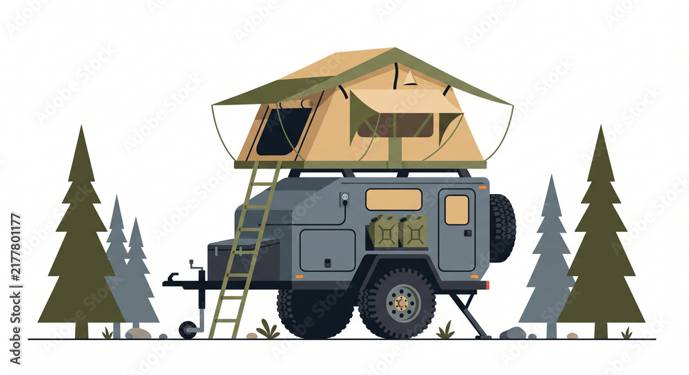 Fototapeta premium Compact off road camper trailer with rooftop tent and ladder parked outdoors surrounded by green pine trees on white background horizontal view