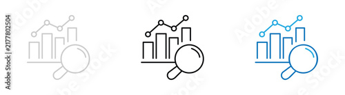 Business analytics icon showing financial growth chart and magnifying glass line art with data analysis market research business report