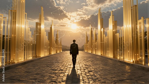 A lone figure walks down a glowing path flanked by tall columns under a sunlit sky.