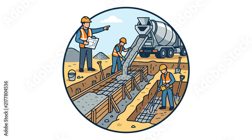 Construction Workers Pouring Concrete into House Foundation at Building Site