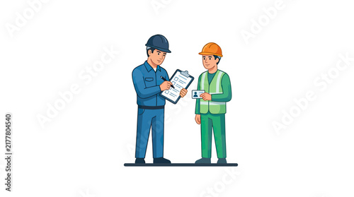 Supervisor inspecting a construction worker's ID and checklist
