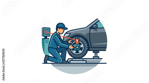 Mechanic performing professional wheel alignment on a modern car