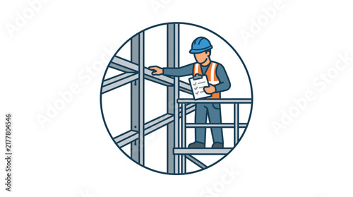 Construction worker inspecting steel frame structure with a checklist