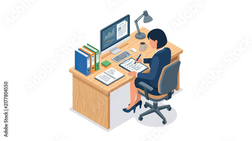 Isometric Businesswoman Working at Her Office Desk with Computer