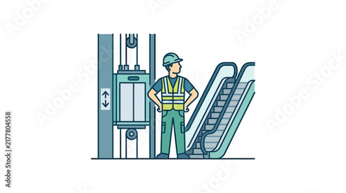 Maintenance worker standing between elevator and escalator illustration