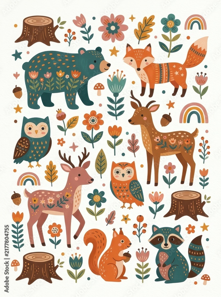 Obraz premium Cute Woodland Animals and Forest Elements Folk Art Illustration Set with Bear Fox Deer Owl Squirrel and Raccoon