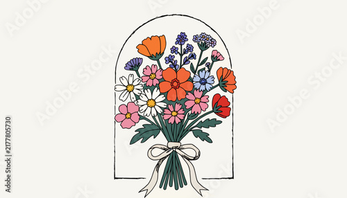 Bouquet of colorful flowers in arch shape with ribbon
