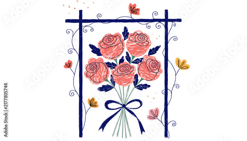 bouquet of pink roses with blue ribbon and floral decoration