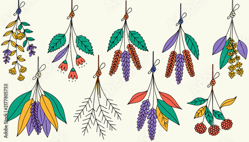 Bouquet of colorful hanging flowers and leaves