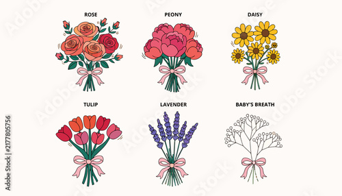 Bouquets of flowers, roses, peonies, daisies, tulips, lavender, baby's breath