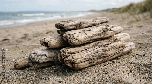 Pile of weathered driftwood logs on a sandy beach with ocean waves in the background.