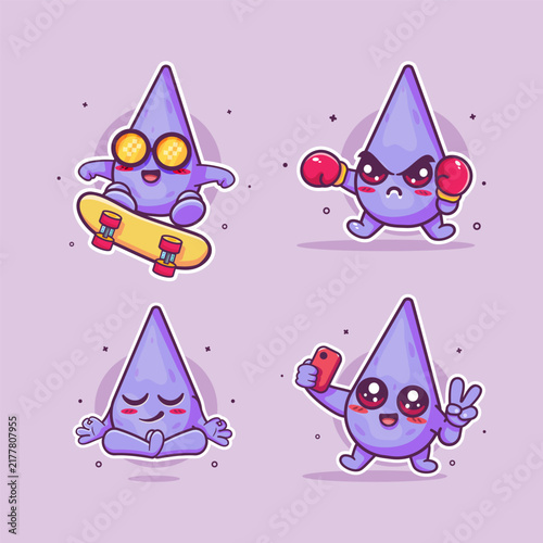 Cute oil drop characters illustration set featuring skateboarding kickflip, boxing sport, yoga meditation, and taking a selfie.