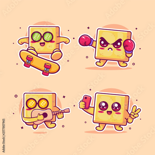 funny tofu food characters illustration set featuring skateboarding kickflip, boxing sport, playing guitar, and taking a selfie.