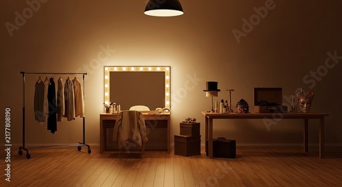 A dramatic, dimly lit vanity room is presented. A vintage makeup mirror with numerous bulbs illuminates a wooden table.