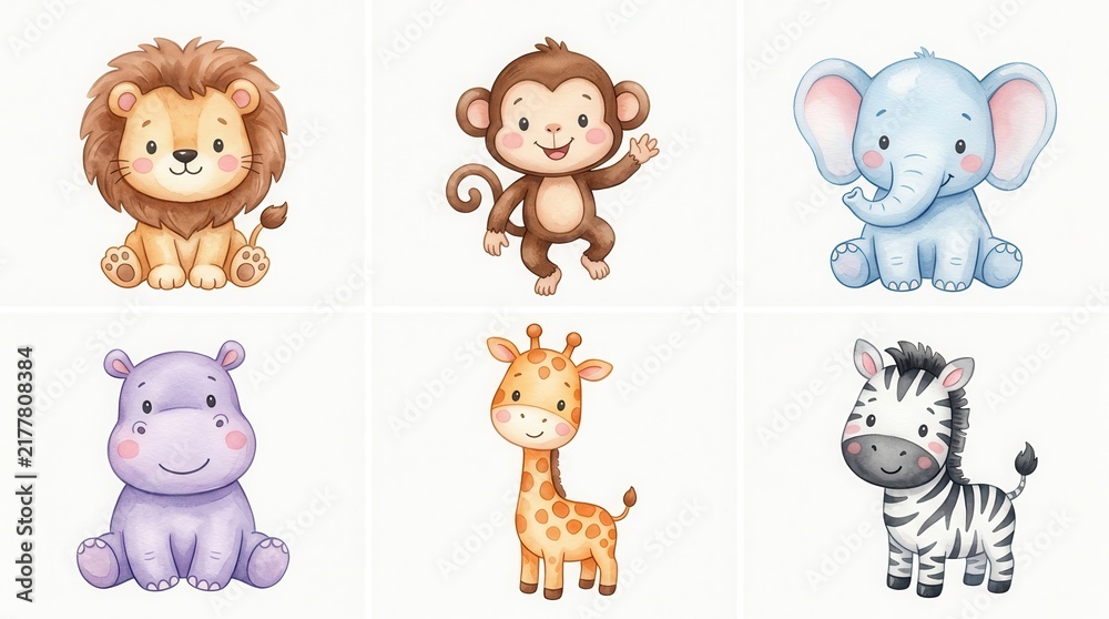 Fototapeta premium Watercolor Baby Safari Animals Set - Cute Lion, Monkey, Elephant, Hippo, Giraffe, and Zebra Nursery Illustrations