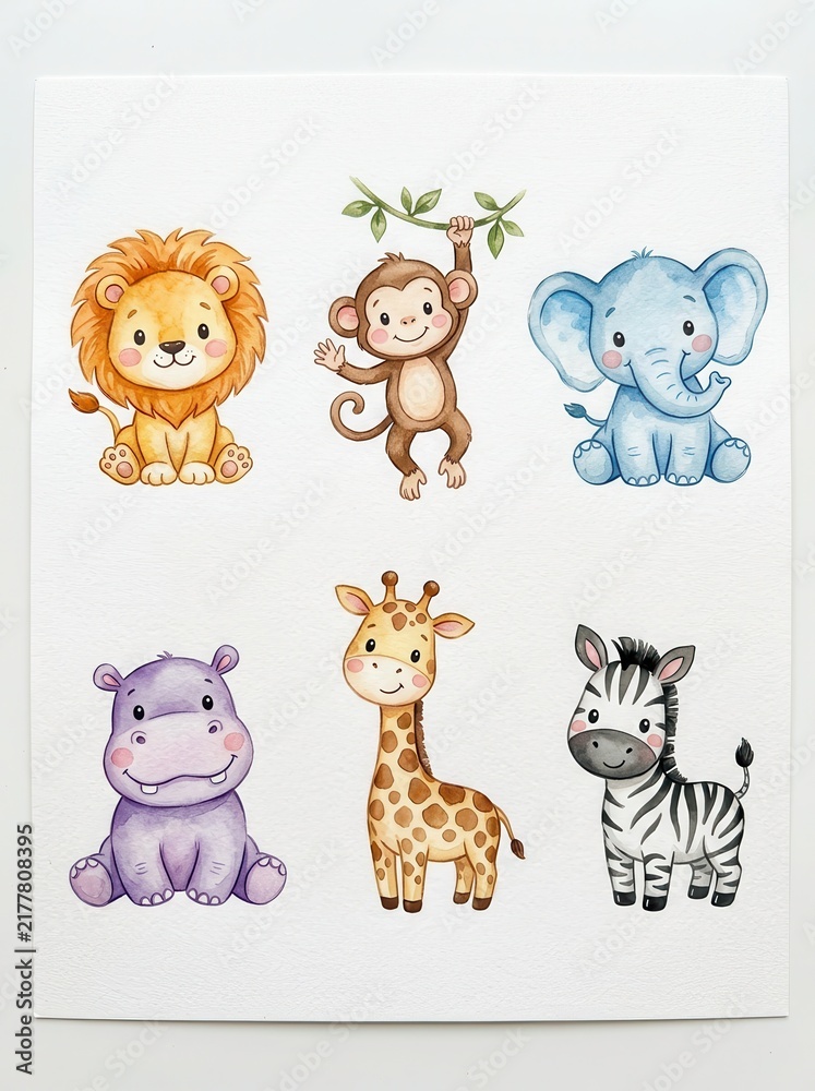 Fototapeta premium Cute Watercolor Safari Animals Set for Nursery Decor - Lion, Monkey, Elephant, Hippo, Giraffe, Zebra Illustrations