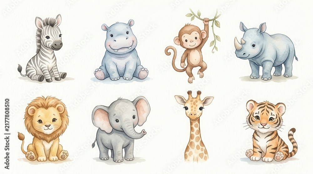 Obraz premium Cute Watercolor Baby Safari Animals Set - Lion Elephant Giraffe Tiger Zebra Hippo Monkey Rhino Nursery Illustrations