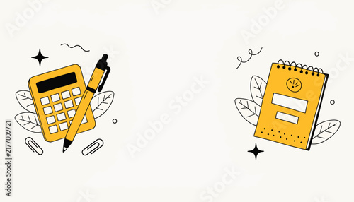 calculator and notebook with pen, business and education concept