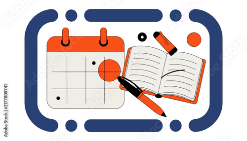 Calendar and Open Notebook with Pen and Marker Isolated - Planning and Organization Concept