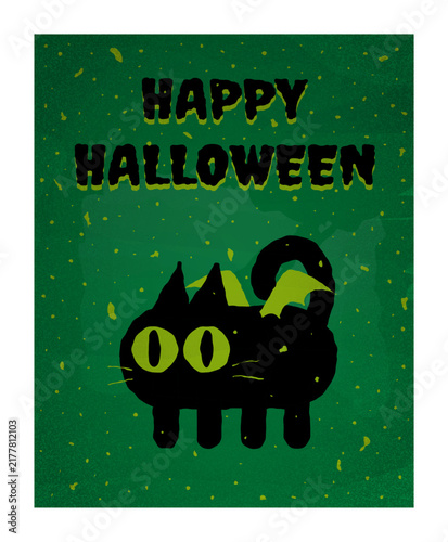 Happy Halloween greeting card template featuring a cute black cat with bat wings in hand drawn vector style.