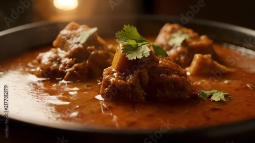 Close-up of richly flavored Mutton or Lamb Rogan Josh curry in a thick sauce, served in a black bowl and garnished with fresh cilantro, shot in moody, warm restaurant lighting.