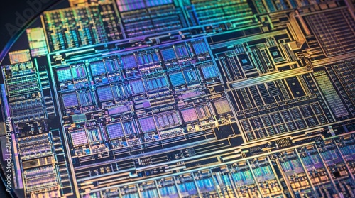 Macro photograph of silicon wafer microcircuit patterns displaying colorful light diffraction and microchips