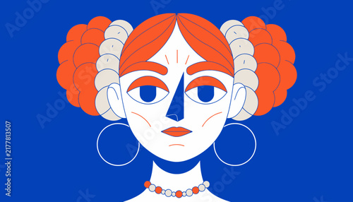 Cartoon woman with orange hair and jewelry on blue background