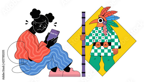 cartoon woman with smartphone and colorful bird character