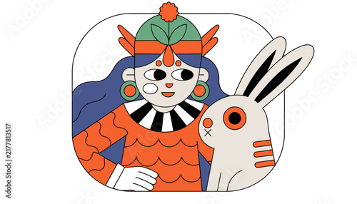 cartoon woman with rabbit, colorful illustration, isolated