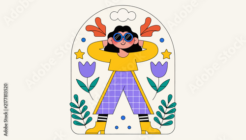 cartoon woman with sunglasses and flowers, isolated on transparent background