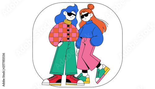 cartoon women in sunglasses standing together