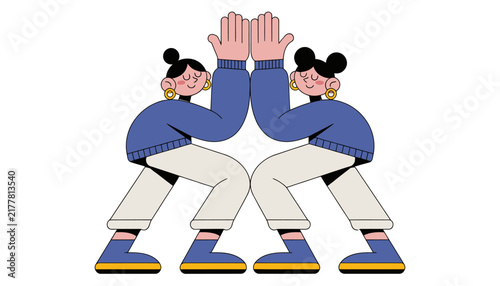 cartoon women in blue sweaters high five each other