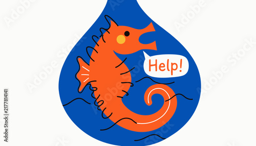 cartoon seahorse asking help in waterdrop