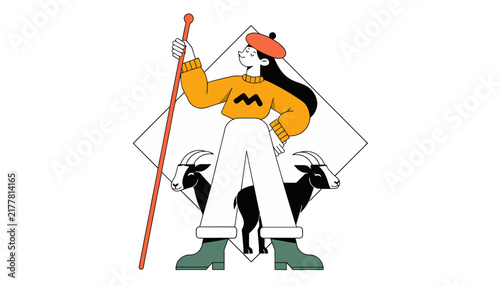 cartoon shepherd girl with sheep and stick