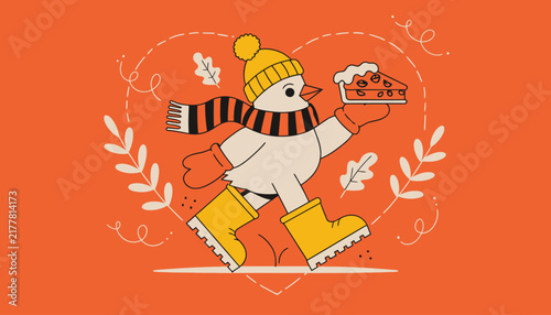 cartoon snowman in winter clothes running with a pie