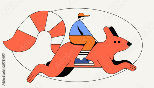 Cartoon squirrel with rider on transparent background, dynamic motion illustration