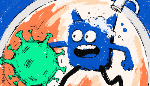 cartoon soap runs from virus under shower