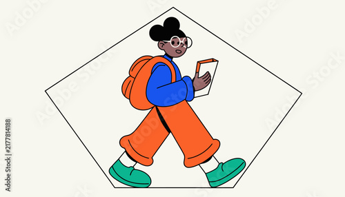 cartoon student walking with backpack and book