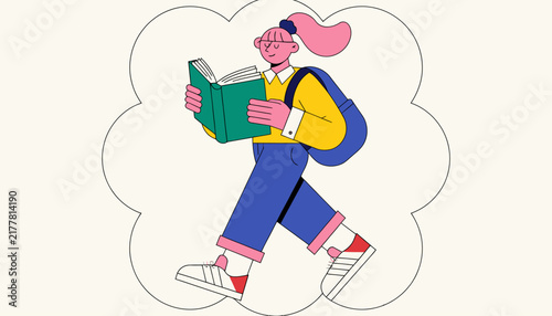 cartoon student reading book while walking
