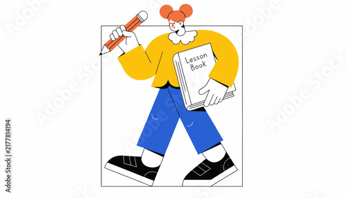 Cartoon Student Walking with Large Pencil and Lesson Book, Back to School Concept Illustration