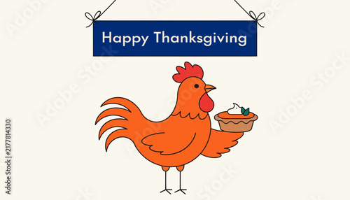 cartoon turkey holding a pie with happy thanksgiving sign