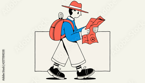 Cartoon Traveler with Backpack and Map Exploring New Destination