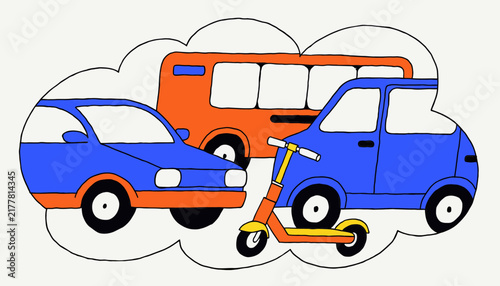 Cartoon transport vehicles: car, bus, scooter. Isolated on transparent background.