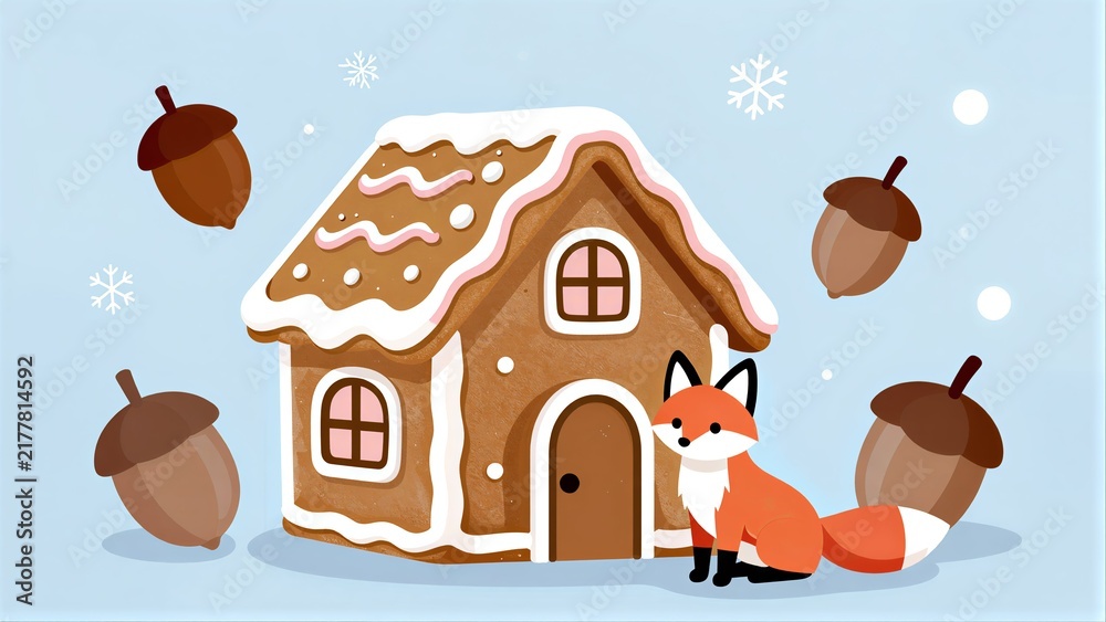 Obraz premium Gingerbread house with fox, acorns, and snowflakes in a cozy winter scene.