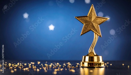 Golden Star Trophy Award on a Dark Blue Background with Glittering Bokeh Lights