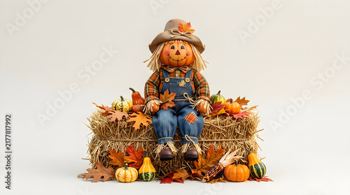Cheerful Halloween Scarecrow Doll with Pumpkin Hat for Autumn Harvest and Seasonal Holiday Decoration