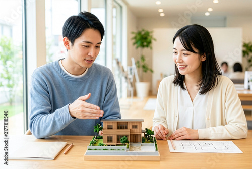 Obraz na płótnie 若い日本人夫婦が住宅模型と間取り図を見ながら家づくりを相談する｜注文住宅・マイホーム・住宅購入のシーン