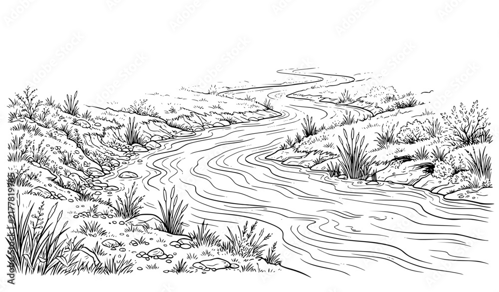 Fototapeta premium Black and White River with Grassy Banks Flowing Water Landscape Vector Illustration
