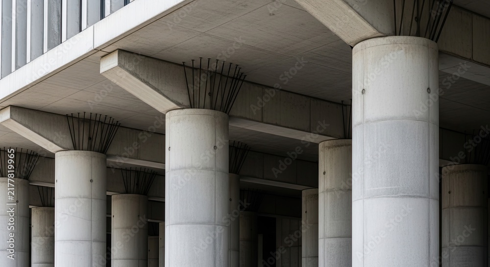 Fototapeta premium A low-angle photograph captures a section of a modern concrete building. Several thick, cylindrical columns with horizontal steel reinforcing bars rise from a white, suspended ceiling.